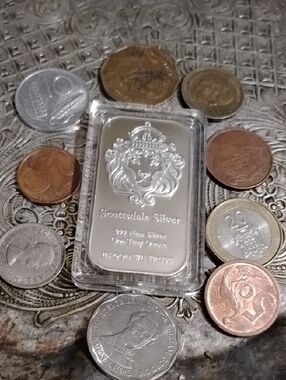 Scottsdale Silver 1 oz .999 Fine Silver Billion Solid Bar - Silver with Coins